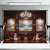 Lofaris Elegant Red Room Christmas Photography Backdrop Snowmen and Chandelier Traditional Holiday Photo Background